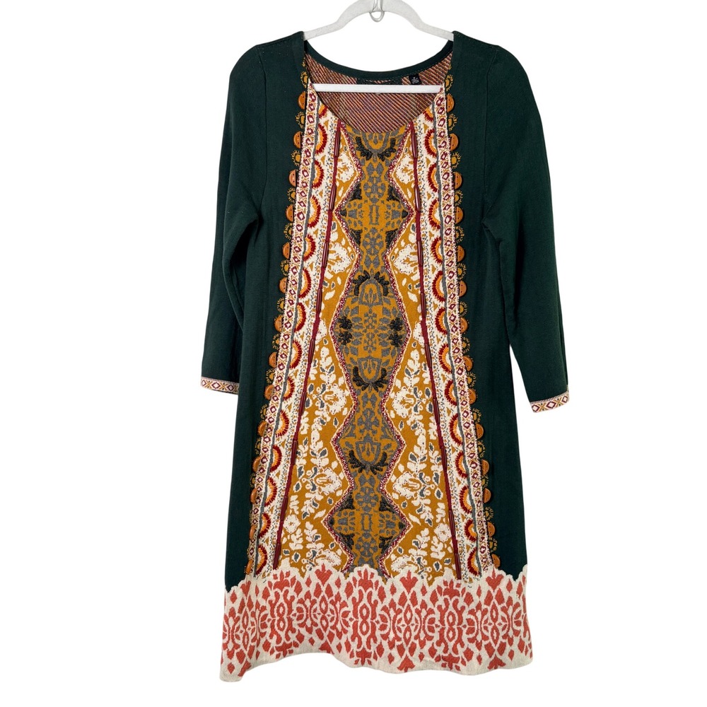 Anthropologie Knitted & Knotted Sweater Dress Women M Green Boho Tapestry Fall